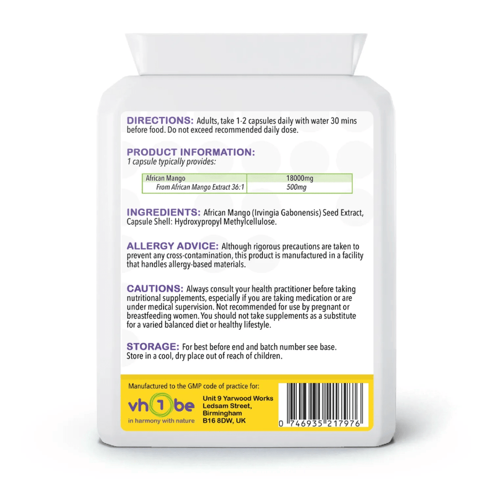 vh1be African Mango Extract 60 Vegan Capsules – Natural metabolism and wellness support made in the UK.
