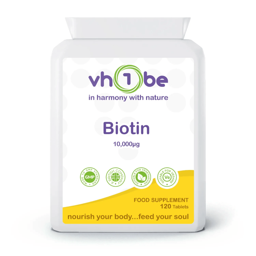 Biotin 10000mcg tablets 120 by vh1be – Ayurvedic, science-backed support for healthy hair, skin, and nails made in the UK