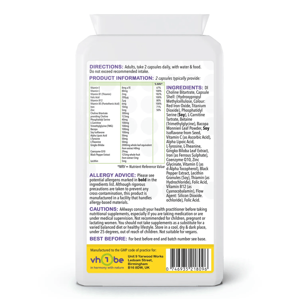 Brain Support Complex 90 Capsules by vh1be – Ayurvedic, science-backed focus and memory support made in the UK