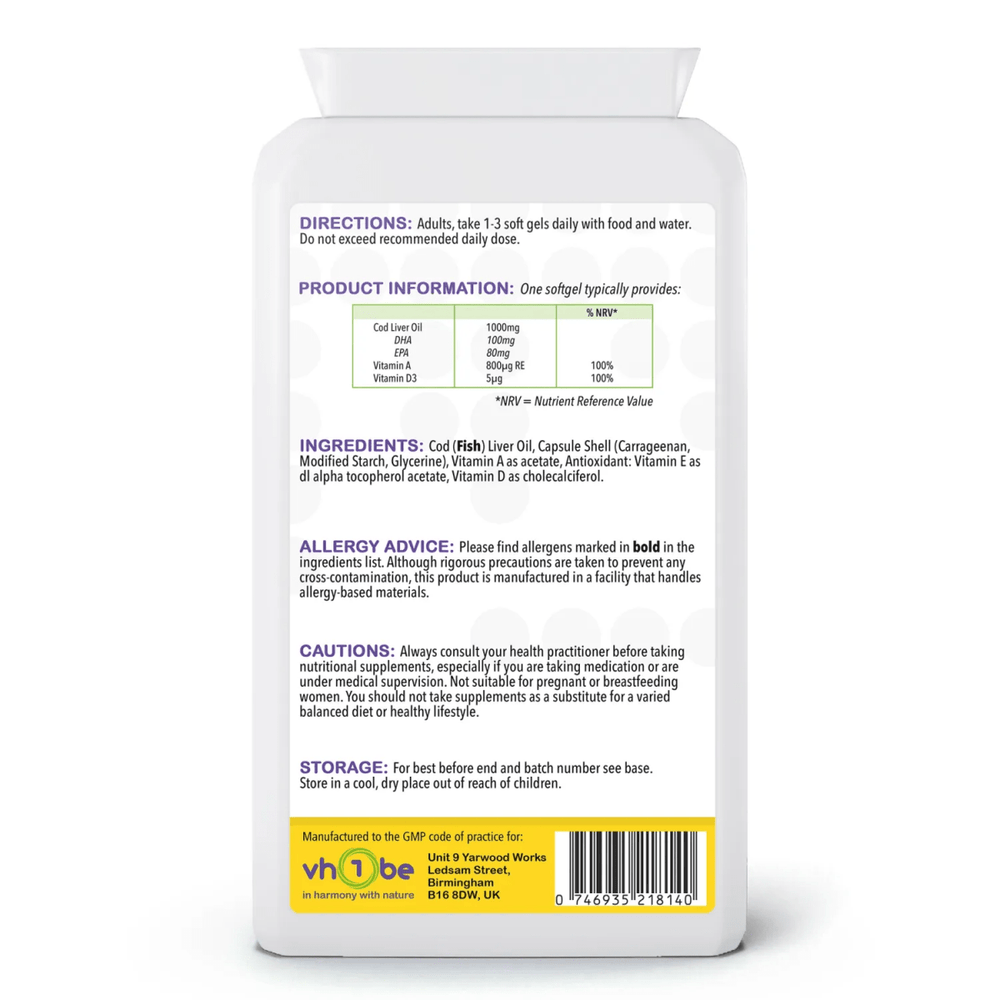 Cod Liver Oil 1000mg | 90 Softgel Capsules | Omega-3 + Vitamins A & D – vh1be | Made in the UK