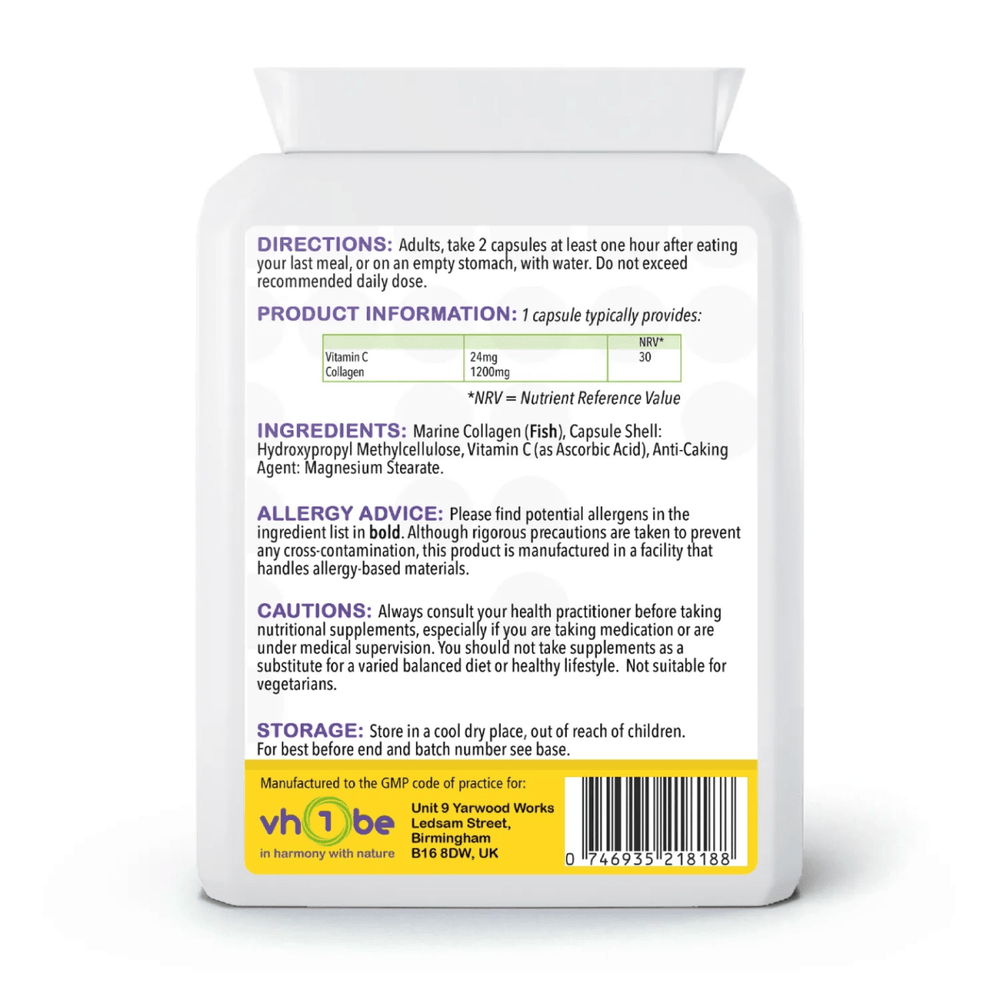 Collagen Plus Vitamin C Capsules by vh1be – Supports skin, collagen, and immune health.