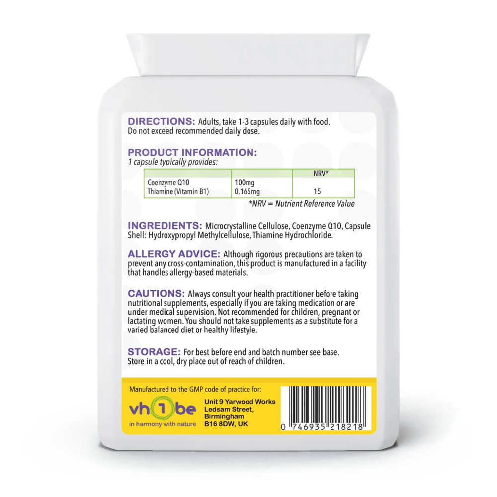 vh1be CoQ10 Plus 100mg Capsules – Heart and energy support supplement made in the UK.