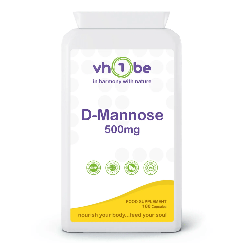 vh1be D Mannose Capsules 500mg | 180 Count | Supports urinary & general wellbeing. Ayurvedic wellness made in the UK.