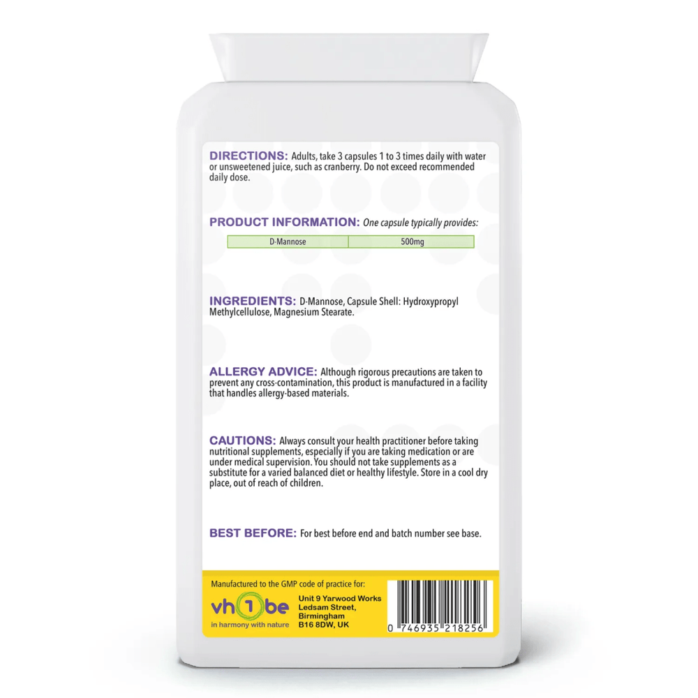 vh1be D Mannose Capsules 500mg | 180 Count | Supports urinary & general wellbeing. Ayurvedic wellness made in the UK.