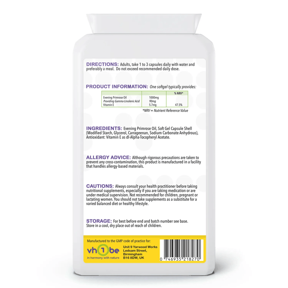 vh1be Evening Primrose Oil Capsules 1000mg – Ayurvedic-inspired, UK-made supplement for women’s health and balance