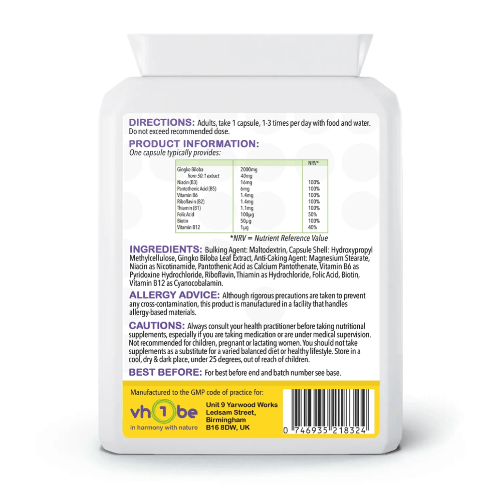 vh1be Ginkgo Biloba 2000mg Capsules | 90 Count | Supports focus & cognitive health. Ayurvedic wellness made in the UK.
