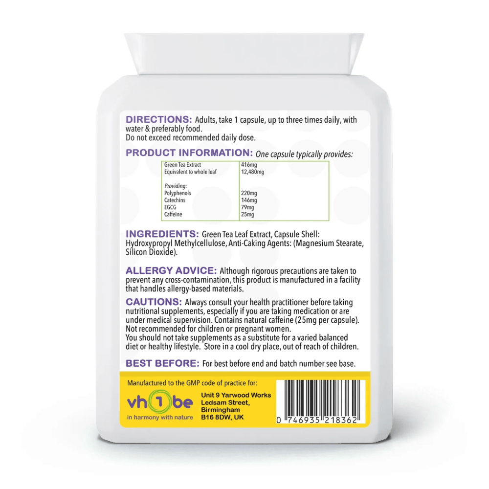 vh1be Green Tea Extract Capsules 480mg – Ayurvedic-inspired UK-made supplement for energy and metabolism.