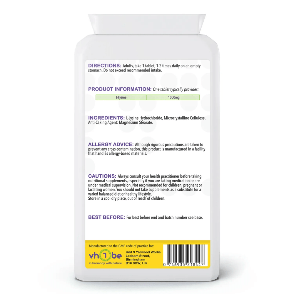 L-Lysine 1000mg Tablets | 90 Count | Supports general wellbeing – vh1be by vh1be – Ayurvedic wellness made in the UK.