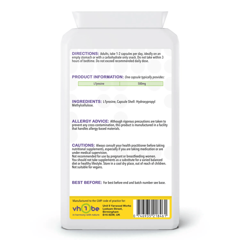 L-Tyrosine 500mg | Supports focus, energy, and wellbeing – vh1be Wellness Supplements made in the UK
