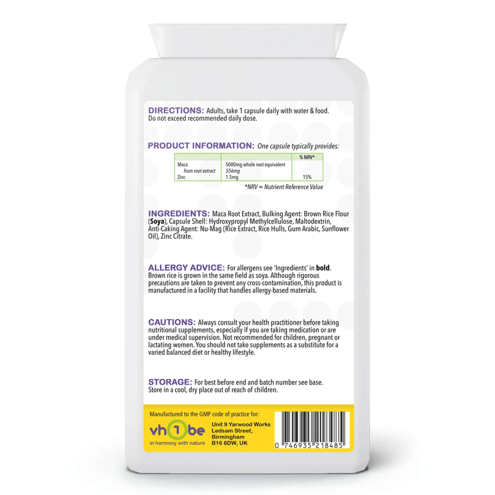 Maca Root 5000mg Capsules | 120 Count | Energy & Hormonal Balance | Made in the UK | vh1be
