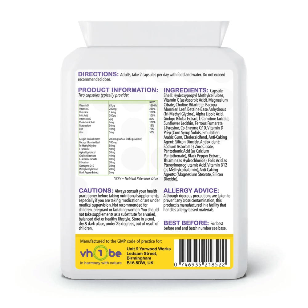 vh1be Mental Focus Brain Support Capsules – Focus, memory, and mental clarity supplement made in the UK