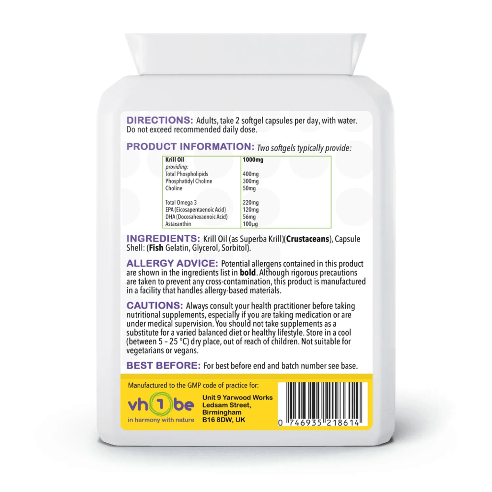 Natural Krill Oil Extract 500mg Capsules – Omega-3 Heart & Brain Support | Made in the UK by vh1be