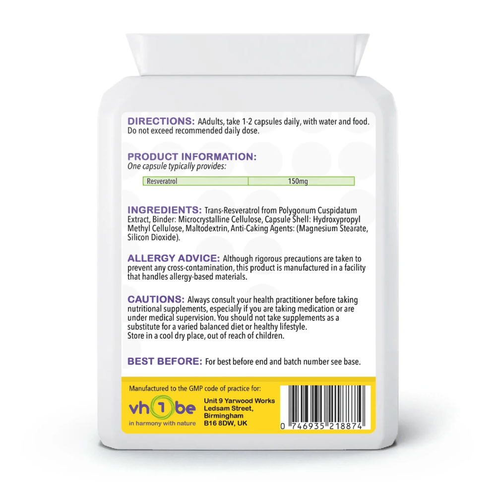 Resveratrol 150mg 90 Capsules by vh1be – Ayurvedic, science-backed antioxidant support made in the UK
