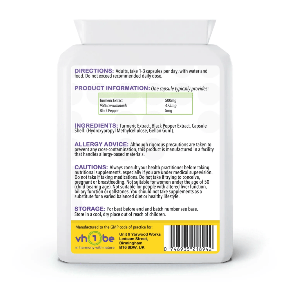 Turmeric with Black Pepper Extract 500mg Capsules by vh1be – supports joint mobility and wellbeing, made in the UK.