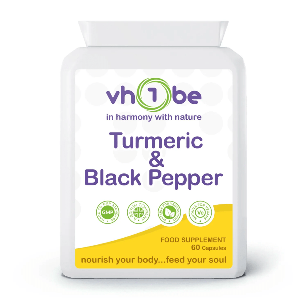 Turmeric with Black Pepper Extract 500mg Capsules by vh1be – supports joint mobility and wellbeing, made in the UK.