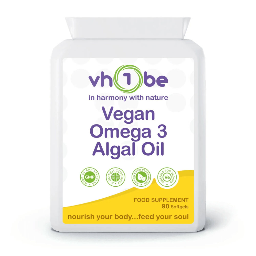 vh1be Vegan Omega 3 Algal Oil softgels for heart and brain health