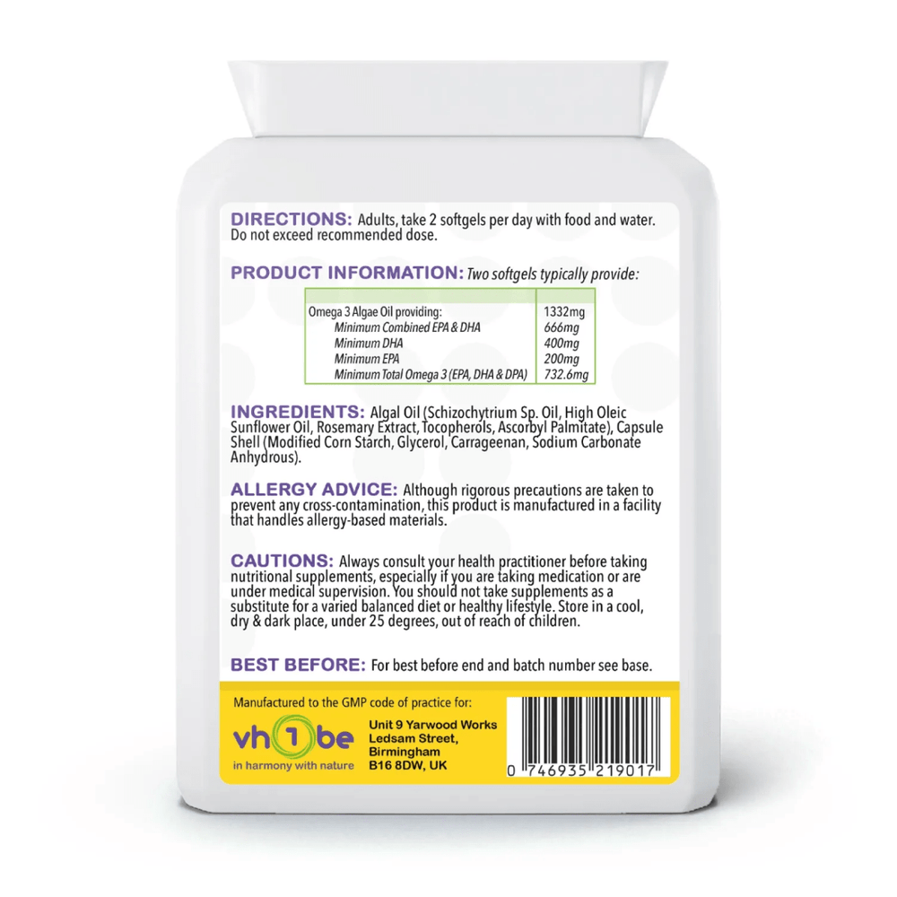 vh1be Vegan Omega 3 Algal Oil softgels for heart and brain health