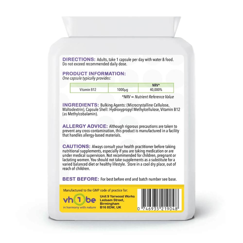 Vitamin B12 Methylcobalamin 1mg Capsules by vh1be – Energy, Focus & Immunity Support – Made in the UK