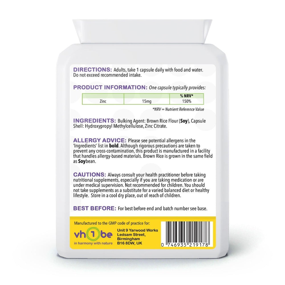vh1be Zinc 15mg Capsules for immune system and skin health