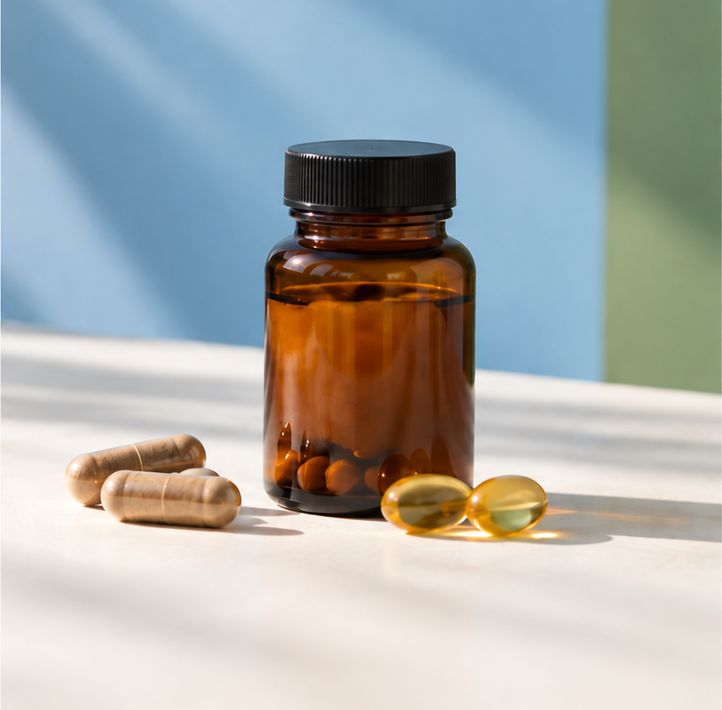 Unbranded supplement bottle and capsules