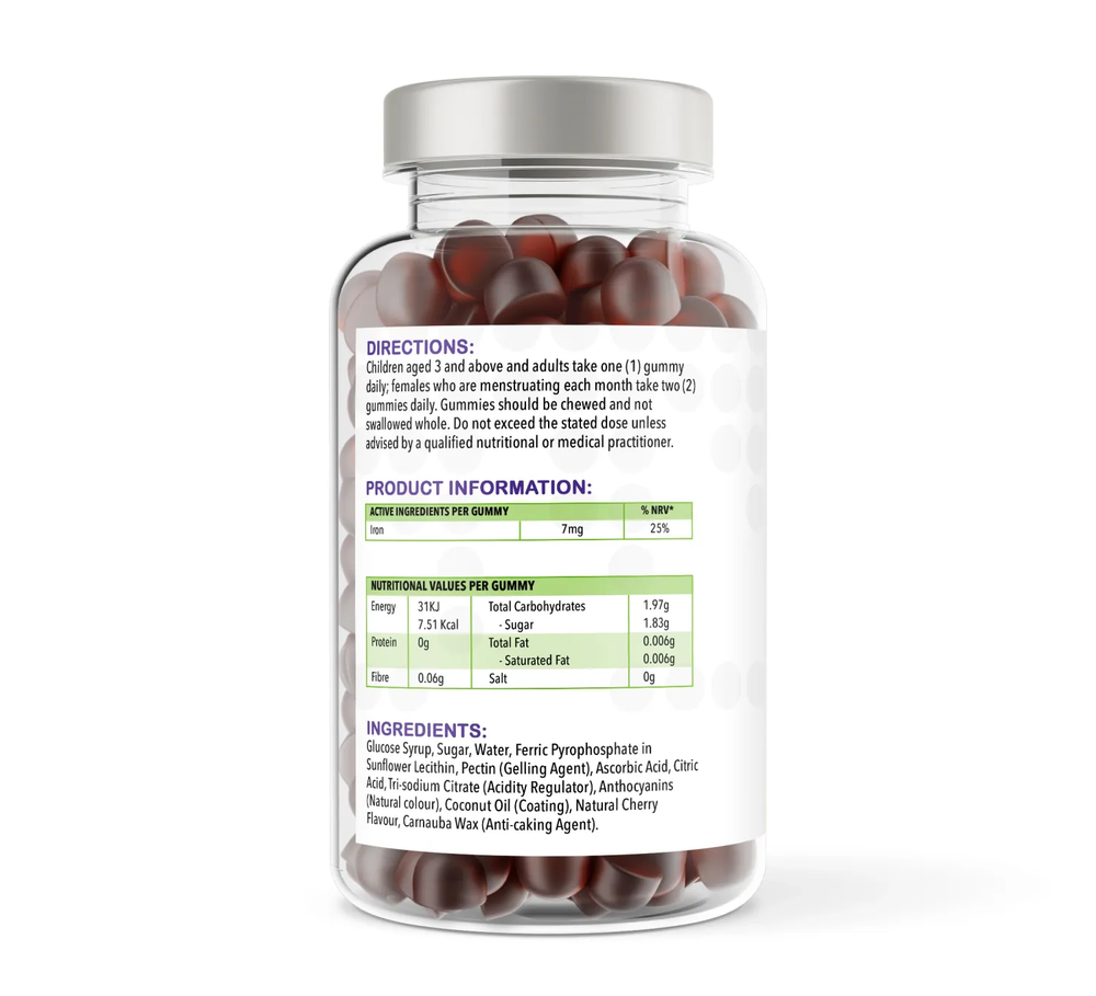 Iron & Vitamin C Gummies – 150 Natural Cherry Flavour Gummies | Gummies | Supports normal formation of red blood cells and reduction of tiredness –