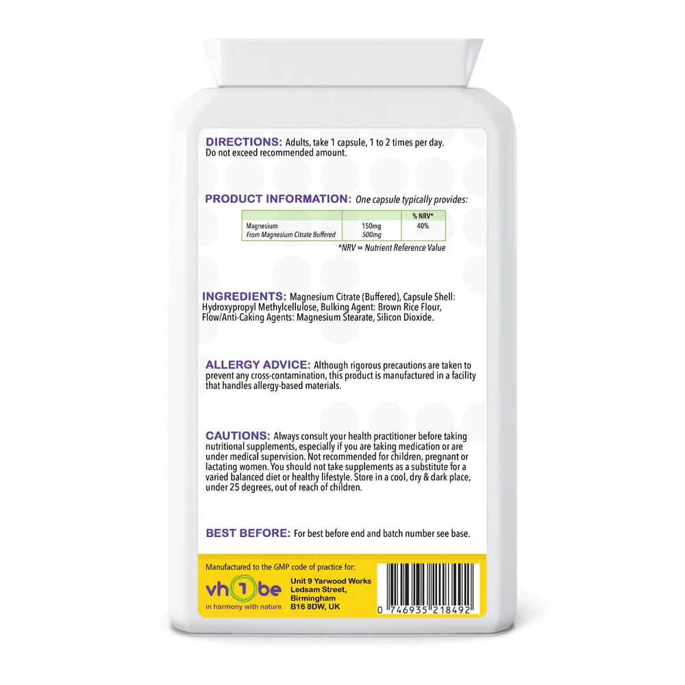 Magnesium Citrate | 500 mg | Capsules | 120 Count | Supports normal muscle function and energy-yielding metabolism – vh1be