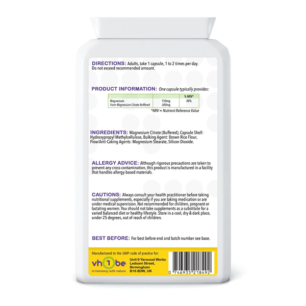 Magnesium Citrate | 500 mg | Capsules | 120 Count | Supports normal muscle function and energy-yielding metabolism – vh1be