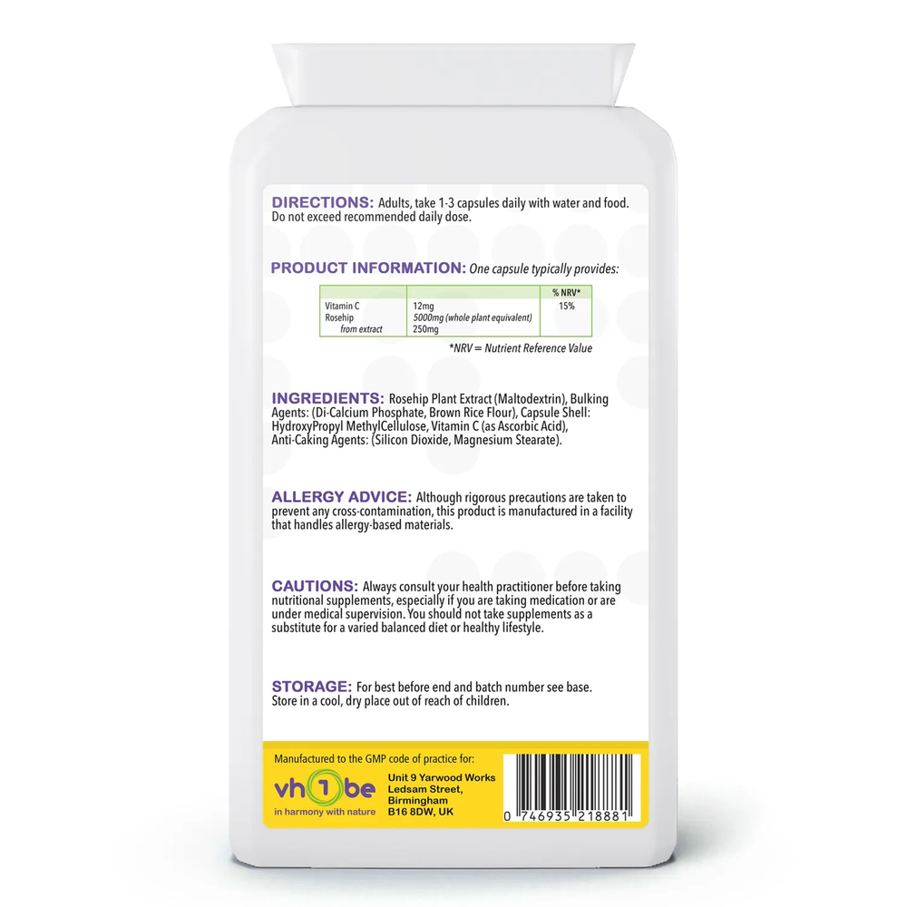 Rosehip Extract & Vitamin C | 5000mg | Capsules | 120 Count | Supports immune system function and collagen formation – vh1be