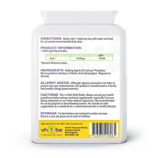 Biotin | 10000mcg | Tablets | 120 Count | Supports healthy hair, skin and nails – vh1be