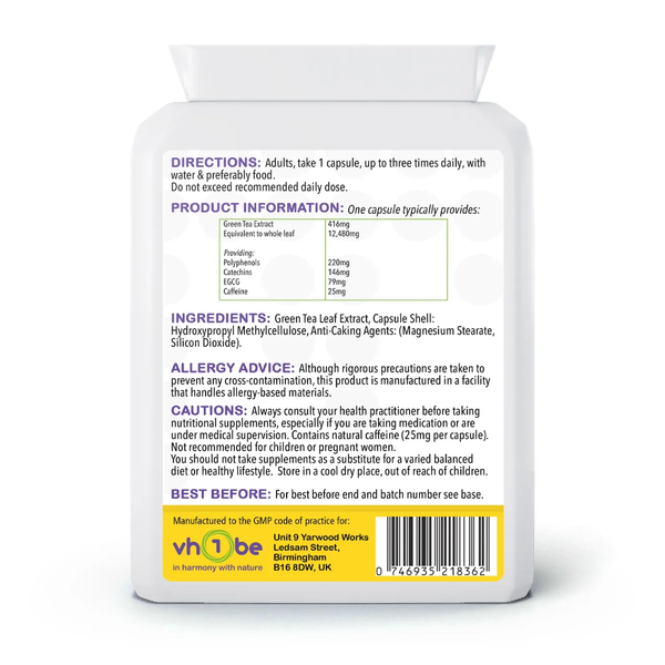 Green Tea 30:1 Extract 12, | 480mg | Capsules | 90 Count | Supports general wellbeing – vh1be