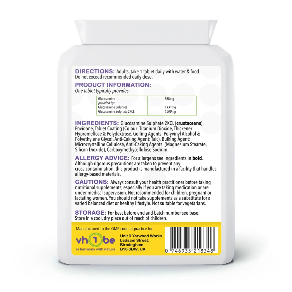 Glucosamine Sulphate 2KCL | 1500mg | Tablets | 60 Count | Supports general wellbeing – vh1be