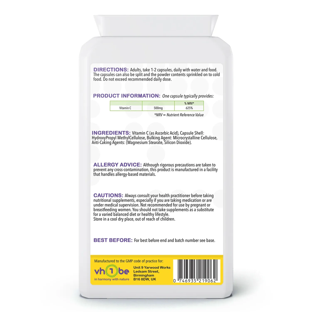 Vitamin C | 500mg | Capsules | 120 Count | Supports immune system function and collagen formation – vh1be
