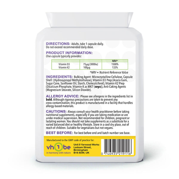 Vitamin D3 and Vitamin K2 MK7 | 3000 iu | Capsules | 90 Count | Supports bone and immune system function – vh1be