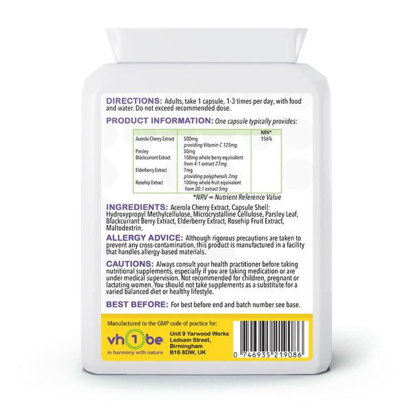 Vitamin C Acerola Immune Complex (Food Form) | Capsules | 120 Count | Supports immune system function and collagen formation – vh1be
