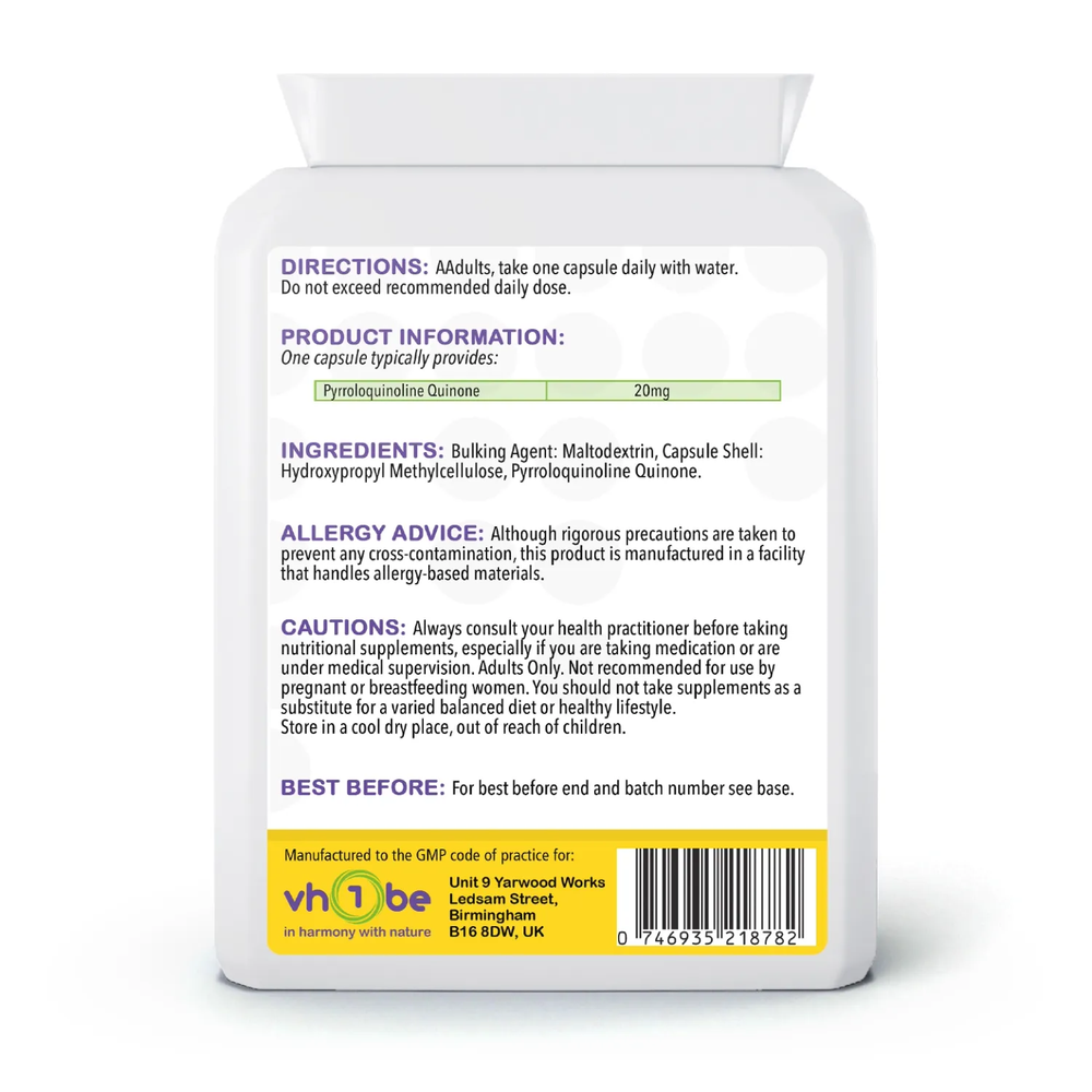 PQQ Pyrroloquinoline Quinone | 20mg | Capsules | 60 Count | Supports general wellbeing – vh1be