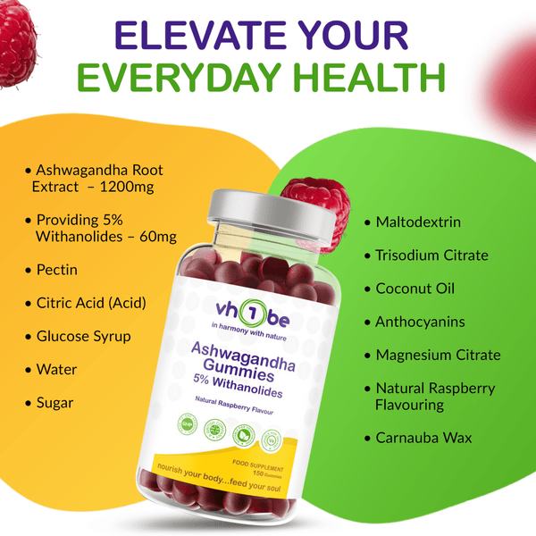 Ashwagandha Gummies | 600mg | Raspberry Flavour | Relaxation & Mental Wellbeing by vh1be – Ayurvedic & Scientific Wellness made in the UK |