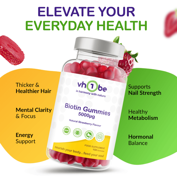 Biotin for Hair Skin and Nails | 5000µg Strawberry Gummies – vh1be by vh1be – Ayurvedic & Scientific Wellness made in the UK |