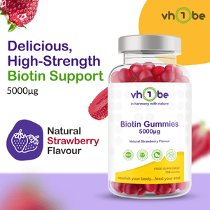Biotin for Hair Skin and Nails | 5000µg Strawberry Gummies – vh1be by vh1be – Ayurvedic & Scientific Wellness made in the UK |