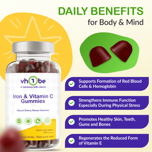 Iron and Vitamin C Gummies | 150 Cherry Flavour | Supports Energy & Wellness – vh1be by vh1be – Ayurvedic & Scientific Wellness made in the UK |