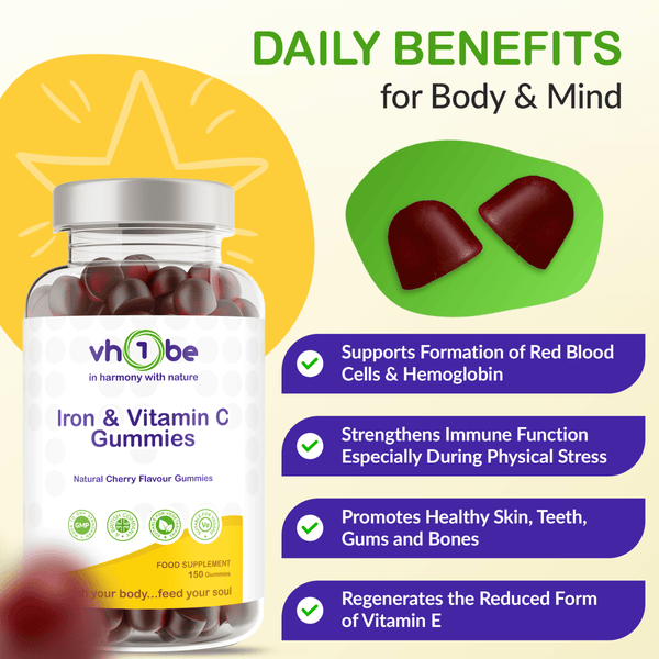 Iron and Vitamin C Gummies | 150 Cherry Flavour | Supports Energy & Wellness – vh1be by vh1be – Ayurvedic & Scientific Wellness made in the UK |