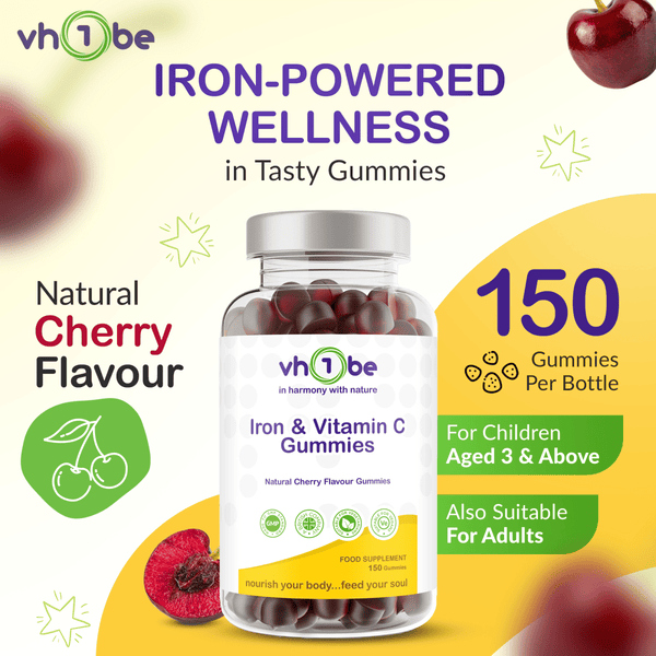 Iron and Vitamin C Gummies | 150 Cherry Flavour | Supports Energy & Wellness – vh1be by vh1be – Ayurvedic & Scientific Wellness made in the UK |
