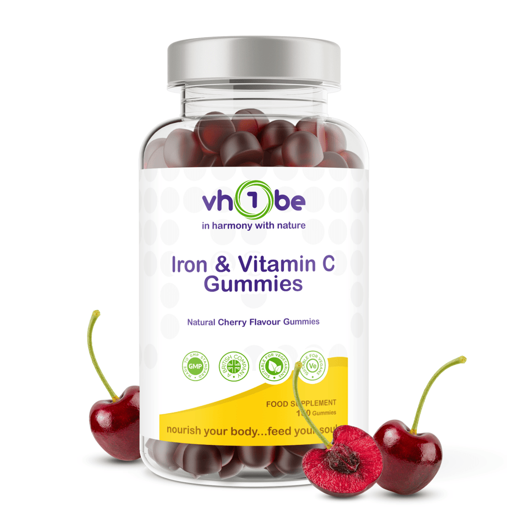 Iron and Vitamin C Gummies | 150 Cherry Flavour | Supports Energy & Wellness – vh1be by vh1be – Ayurvedic & Scientific Wellness made in the UK |