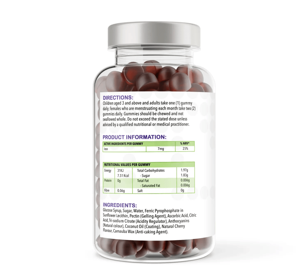 Iron & Vitamin C Gummies – 150 Natural Cherry Flavour Gummies | Gummies | Supports normal formation of red blood cells and reduction of tiredness – by vh1be – Ayurvedic & Scientific Wellness made in the UK |