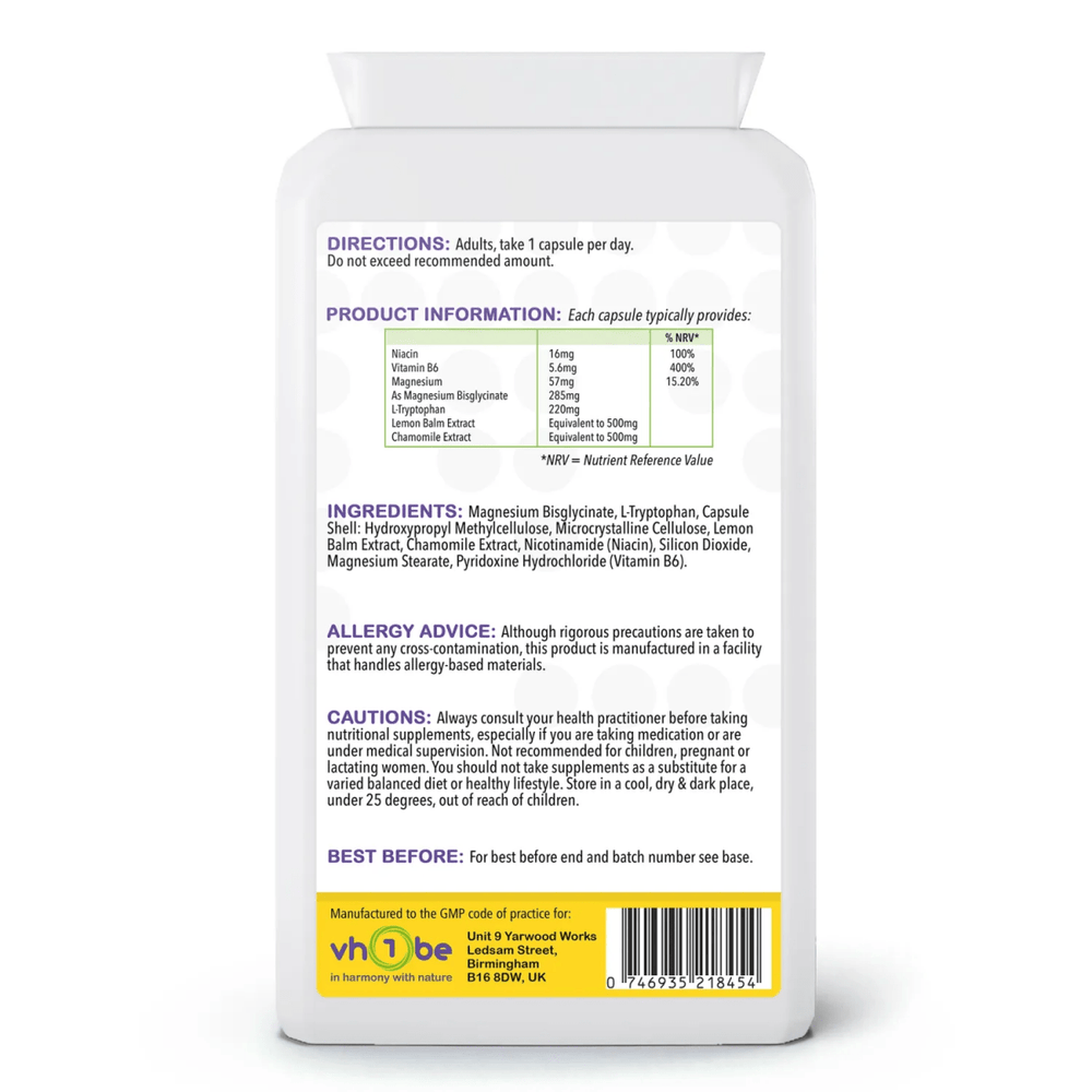 L Tryptophan Complex for Stress & Sleep | Capsules | 120 Count | Supports general wellbeing – vh1be by vh1be – Ayurvedic & Scientific Wellness made in the UK |