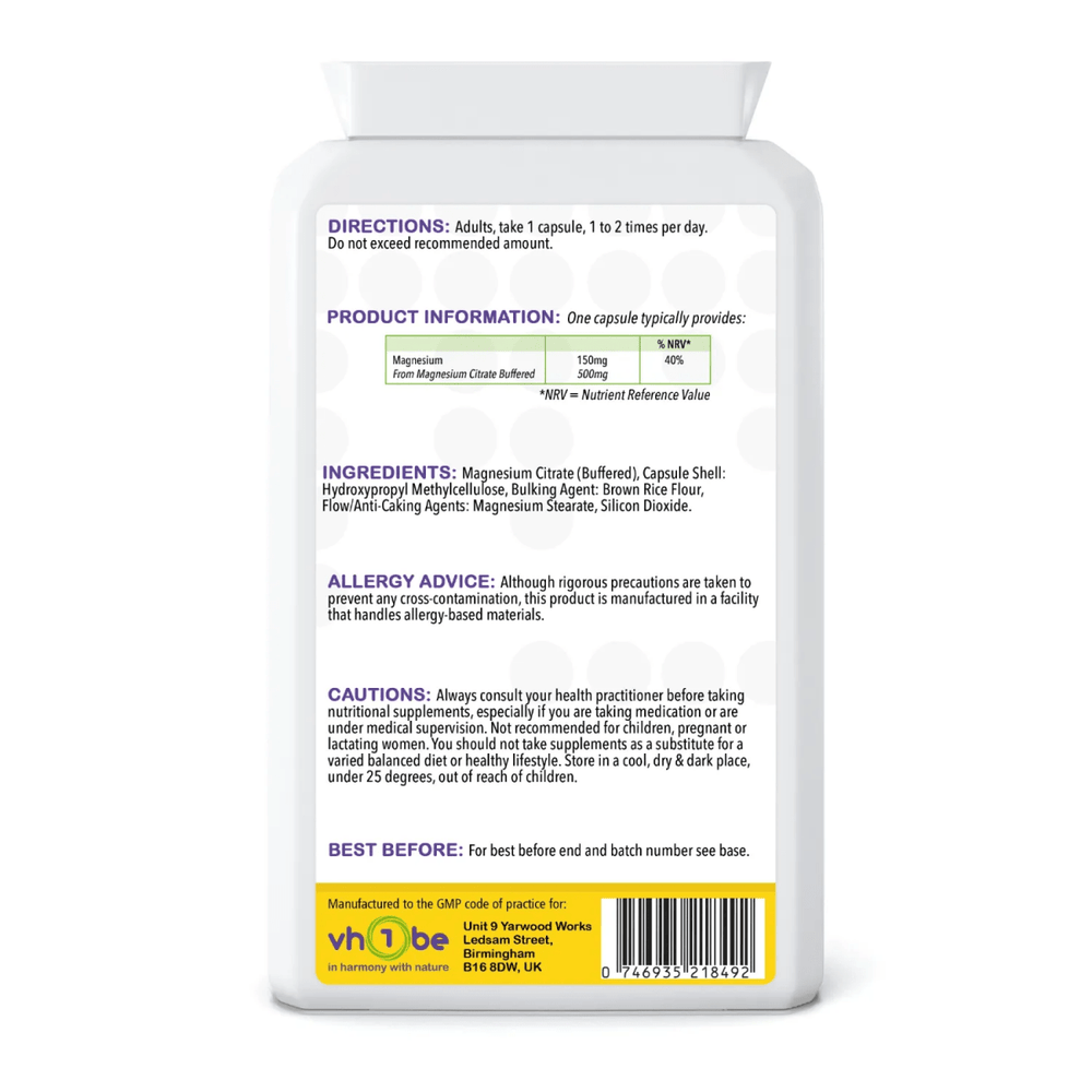 Magnesium Citrate | 500 mg | Capsules | 120 Count | Supports normal muscle function and energy - yielding metabolism – vh1be by vh1be – Ayurvedic & Scientific Wellness made in the UK |