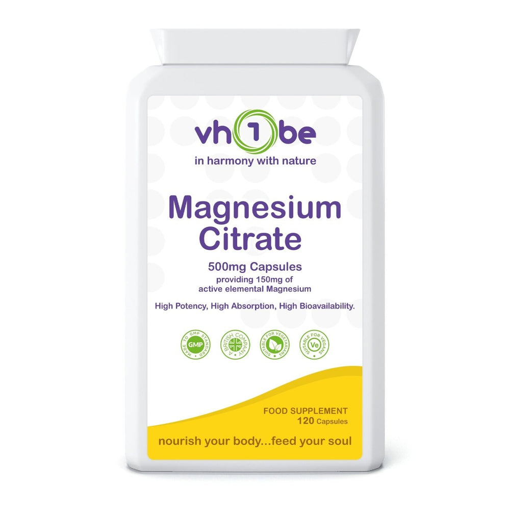 Magnesium Citrate | 500 mg | Capsules | 120 Count | Supports normal muscle function and energy - yielding metabolism – vh1be by vh1be – Ayurvedic & Scientific Wellness made in the UK |