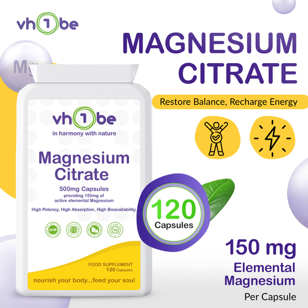 Magnesium Citrate 500mg | 120 Capsules | Energy & Muscle Support – vh1be by vh1be – Ayurvedic & Scientific Wellness made in the UK |