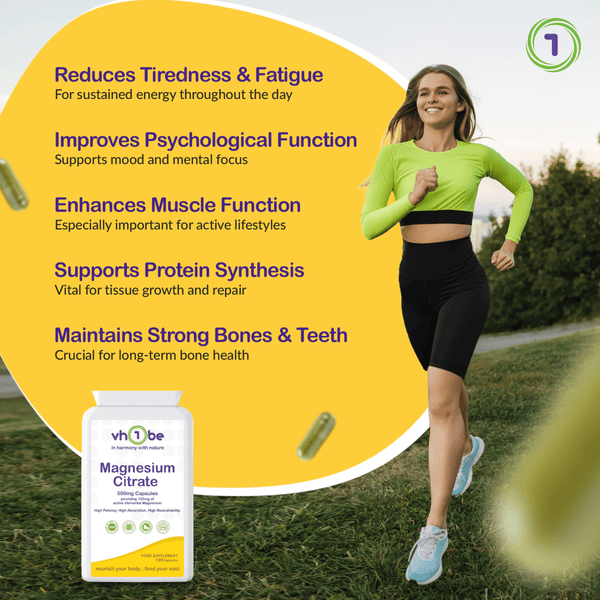 Magnesium Citrate 500mg | 120 Capsules | Energy & Muscle Support – vh1be by vh1be – Ayurvedic & Scientific Wellness made in the UK |