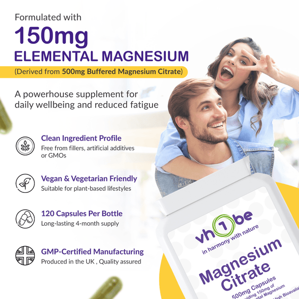 Magnesium Citrate 500mg | 120 Capsules | Energy & Muscle Support – vh1be by vh1be – Ayurvedic & Scientific Wellness made in the UK |