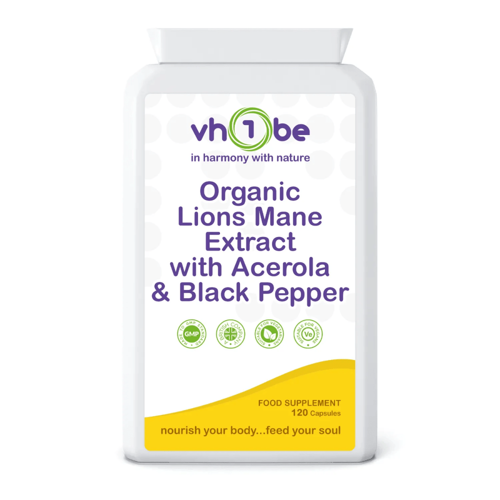 Organic Lions Mane with Acerola & Black Pepper | Capsules | 120 Count | Supports general wellbeing – vh1be by vh1be – Ayurvedic & Scientific Wellness made in the UK |